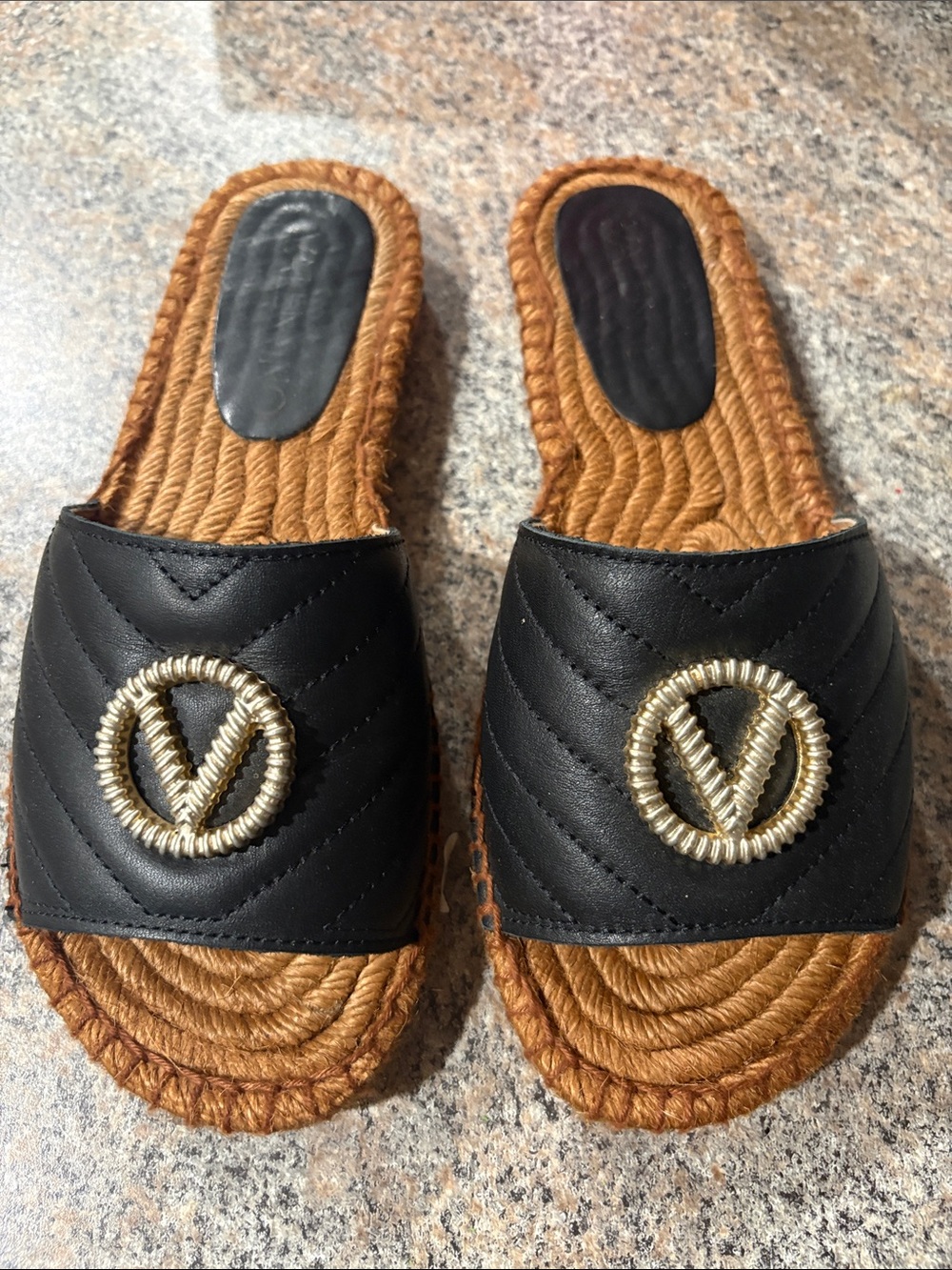 Valentino Black Quilted Slide Sandals with Gold Emblem